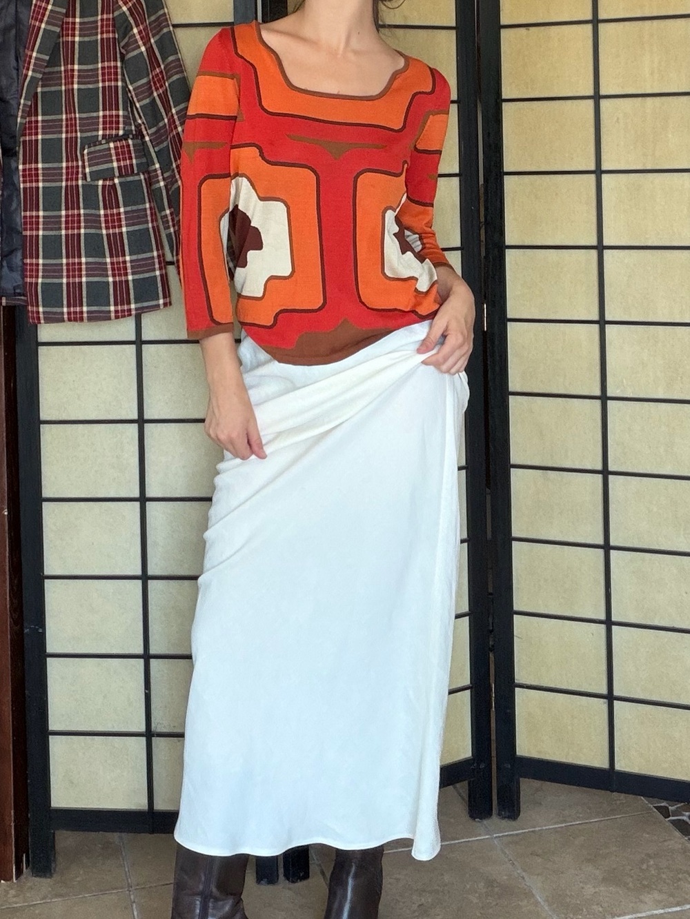 Neiman Marcus Bold Geometric Scoop-Neck Sweater in Orange, Red & Cream